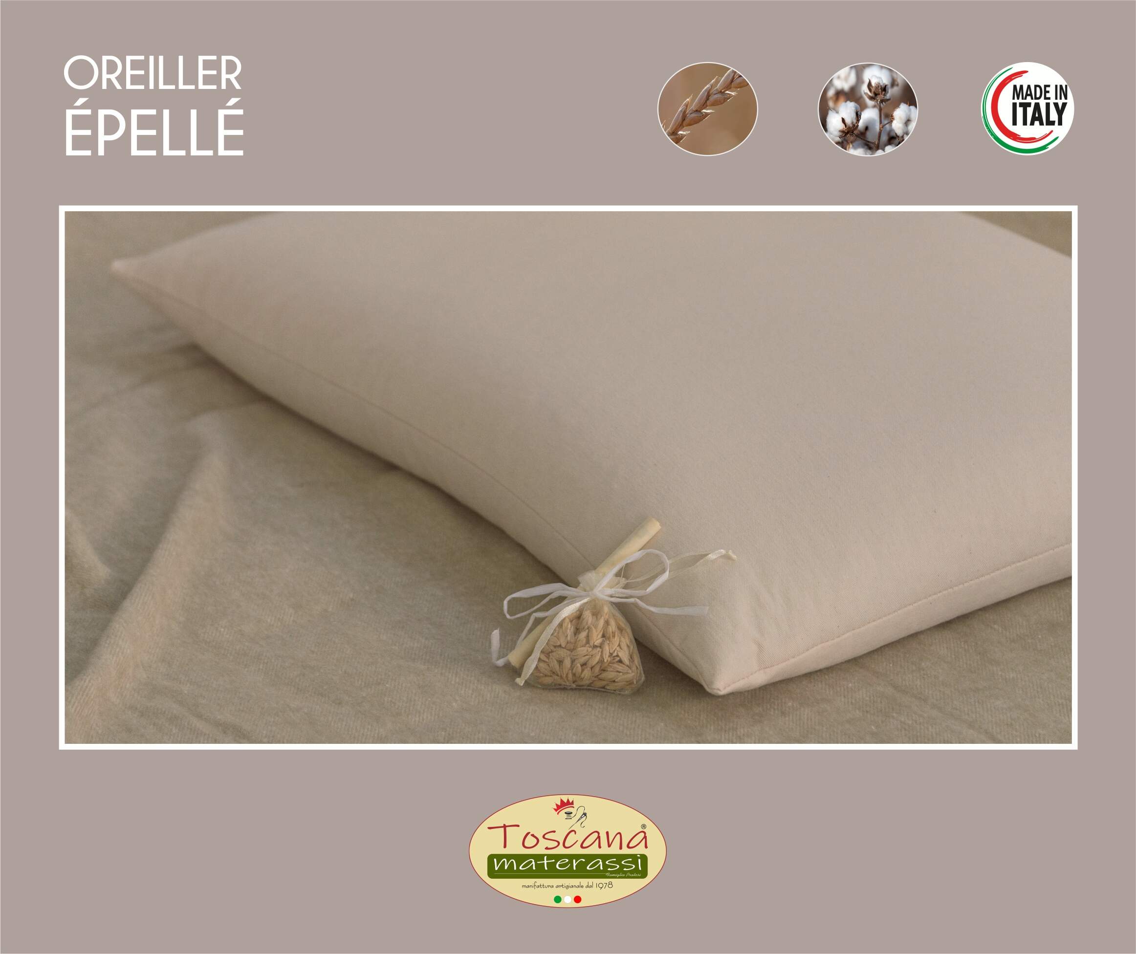 Oreiller de paille d'épeautre biologique et tissu pur coton biologique + doublure