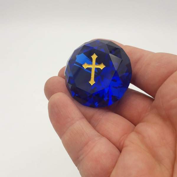 Cristallo a Forma di Diamante Blu Cobalto - Croce dorata - CBCD001