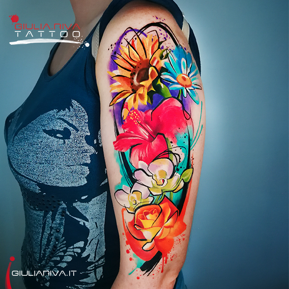 watercolor flowers fiori tatuaggio color