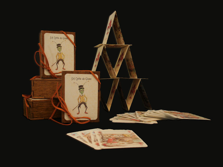 Castello formato da carte per giocatori e box contenitori con grillo parlante