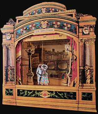 Boccascena in legno traforato a mano, veduta generale del Teatro con Fiori, fondale Arno