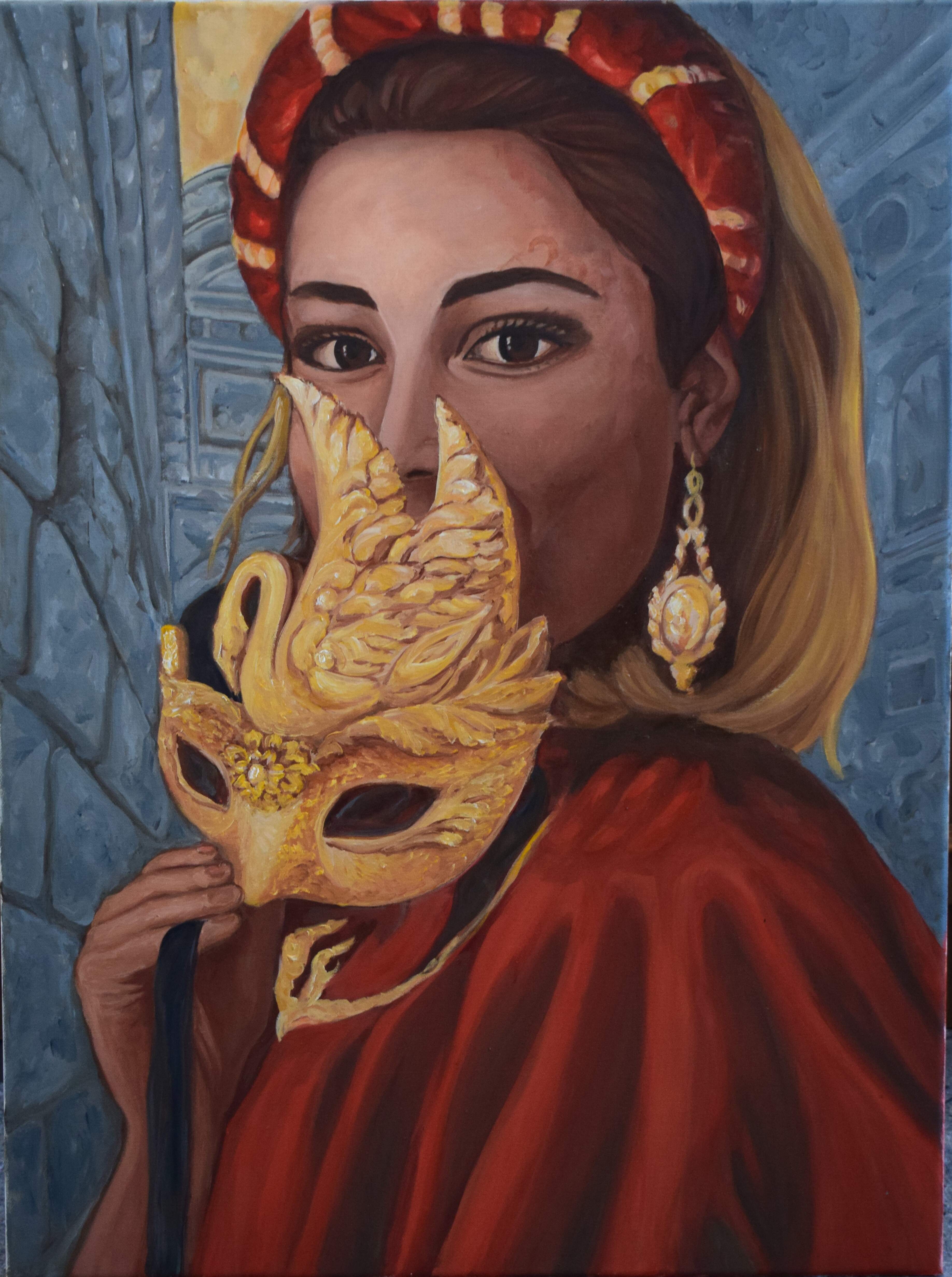 "Omaggio all'amata Venezia - La mascherina rossa" - cm.90x60 - olio su tela - Quotazione € 1200
