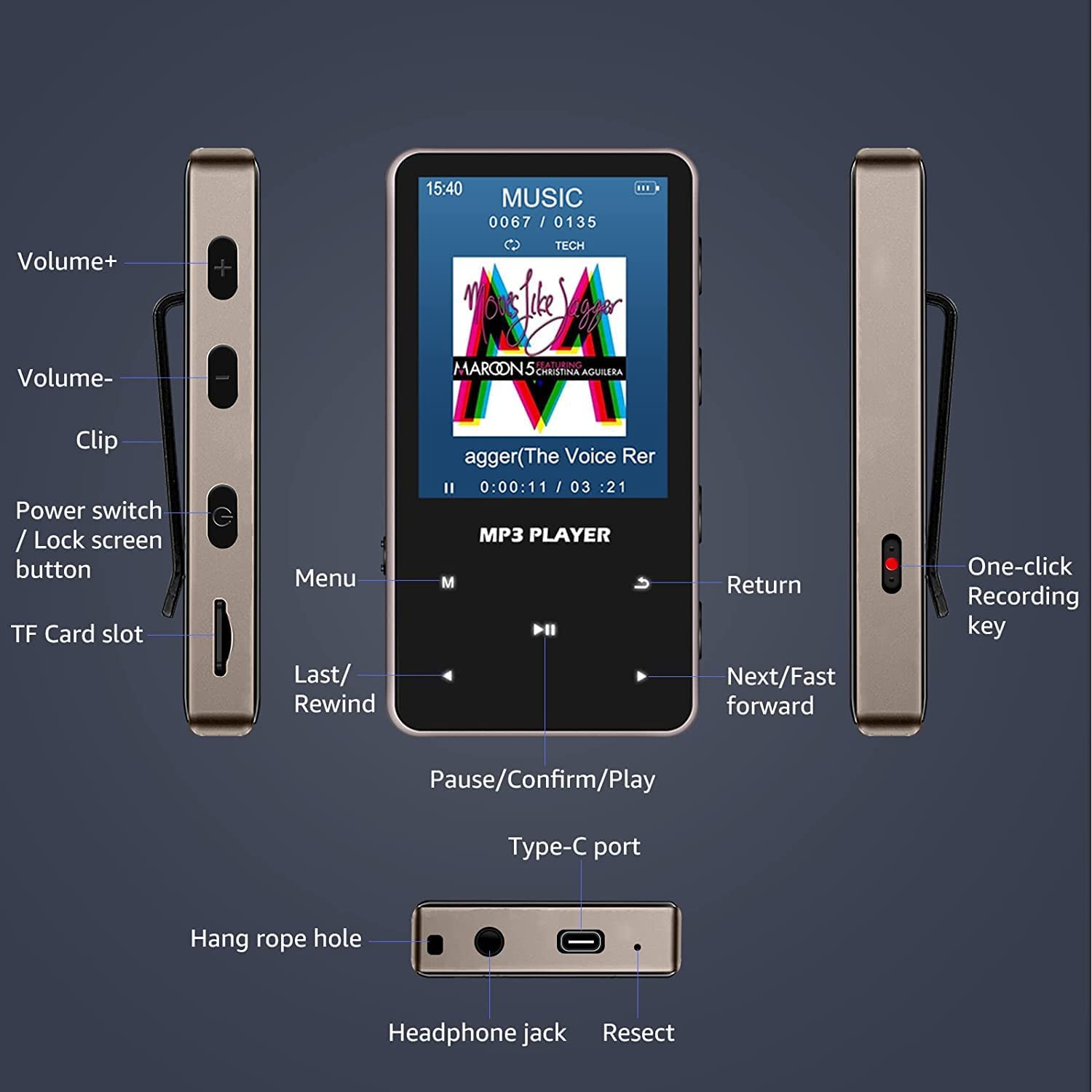 Aiworth Lettore MP3 32GB Bluetooth 5.0 - MP4 Player Multifunzionale