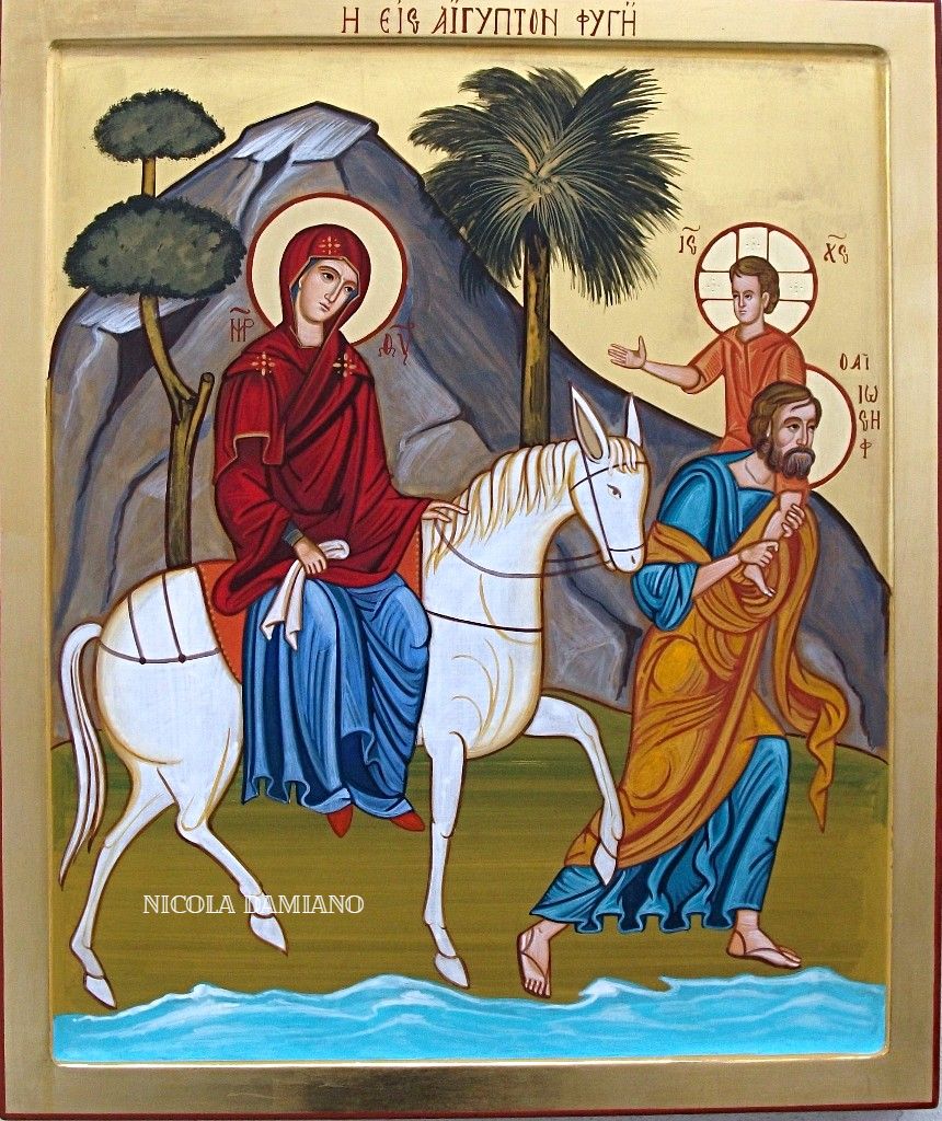 l' icona rappresenta la fuga in Egitto di Maria, Giuseppe e Gesù bambino