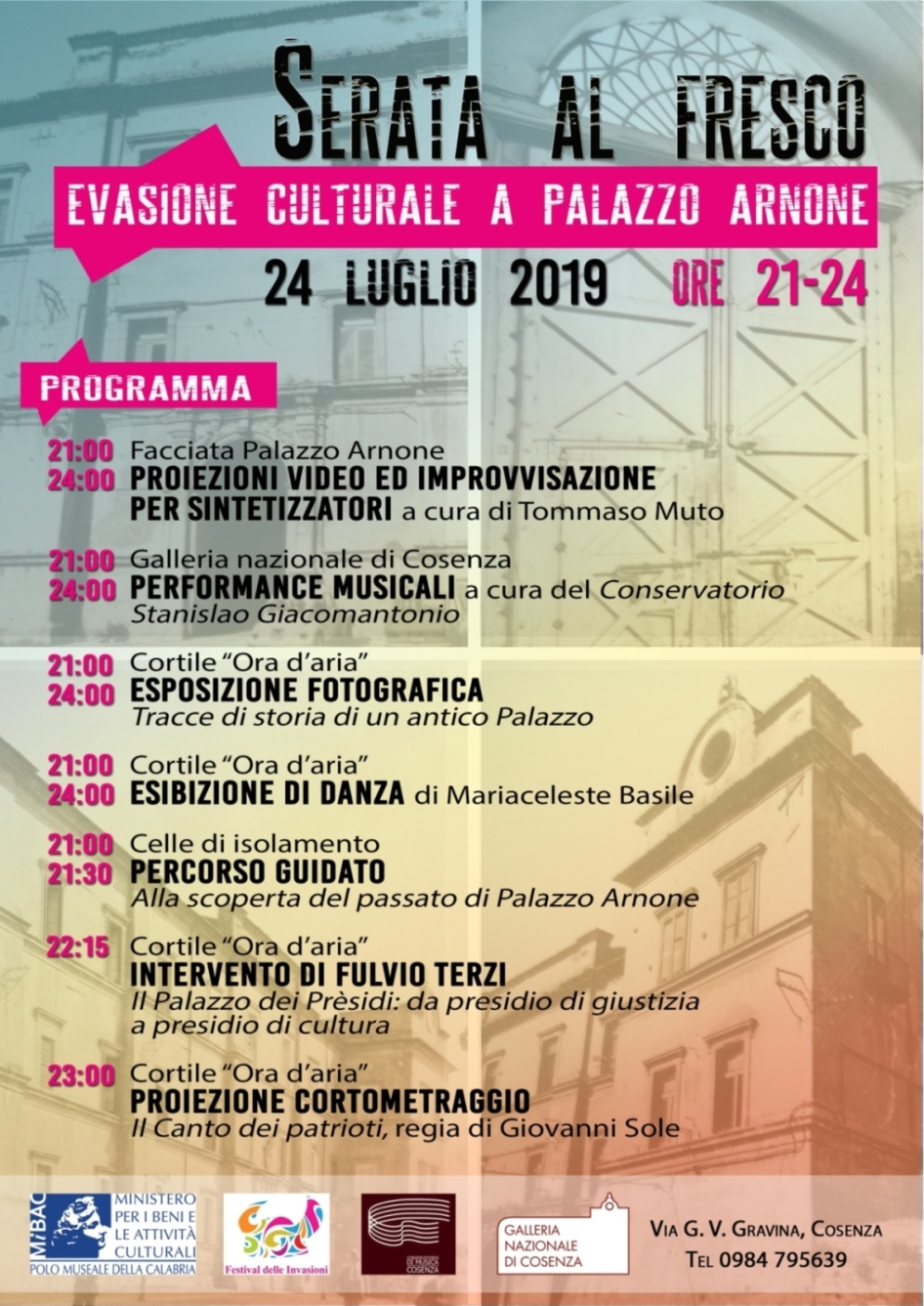Serata al fresco Evasione culturale a Palazzo Arnone Cosenza – Palazzo Arnone 24 luglio 2019 – Ore 21.00/24.00
