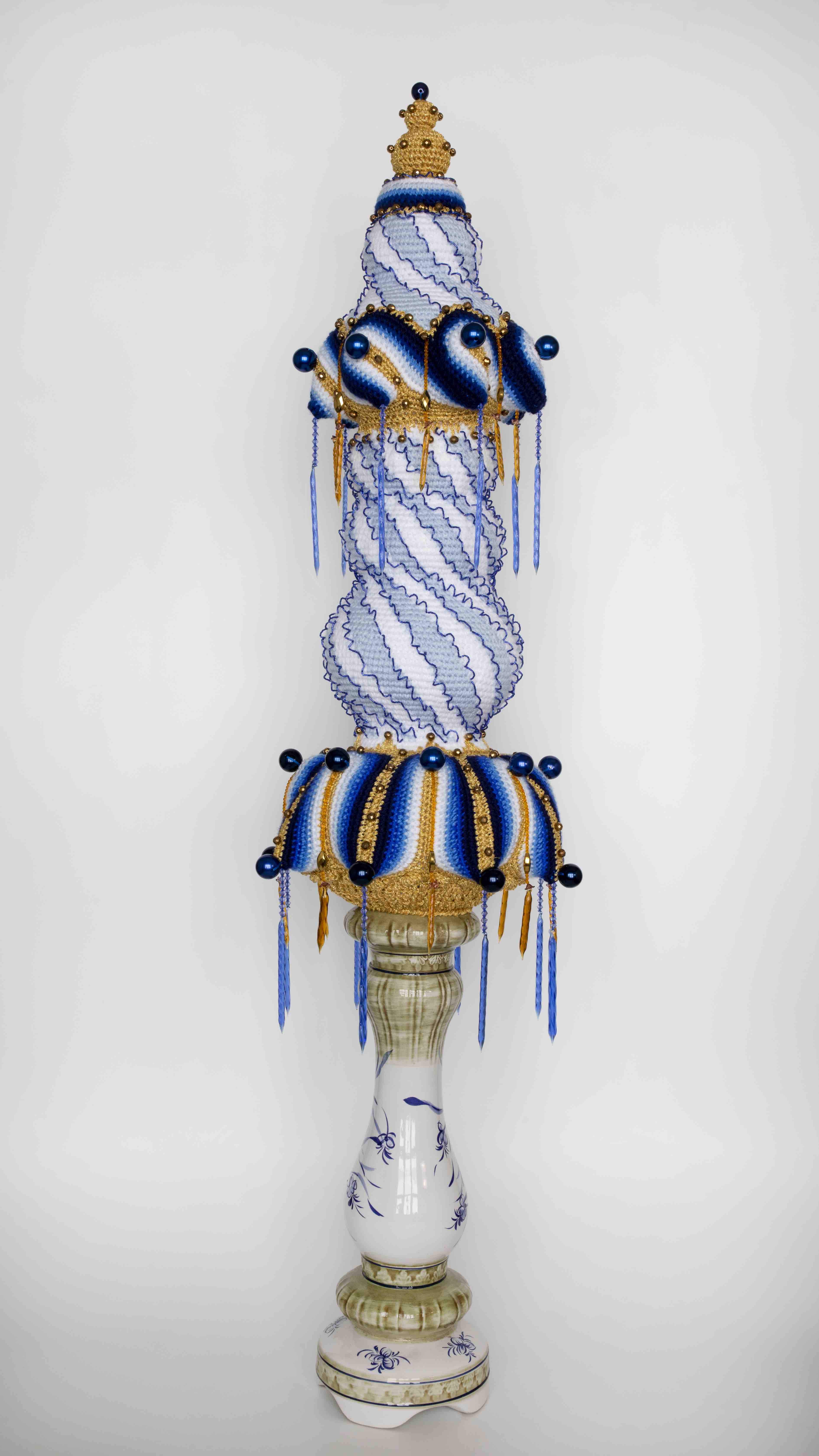 2021, painted faience, handmade woollen crochet, glass ornaments, polyester 158 x Ø 42 cm