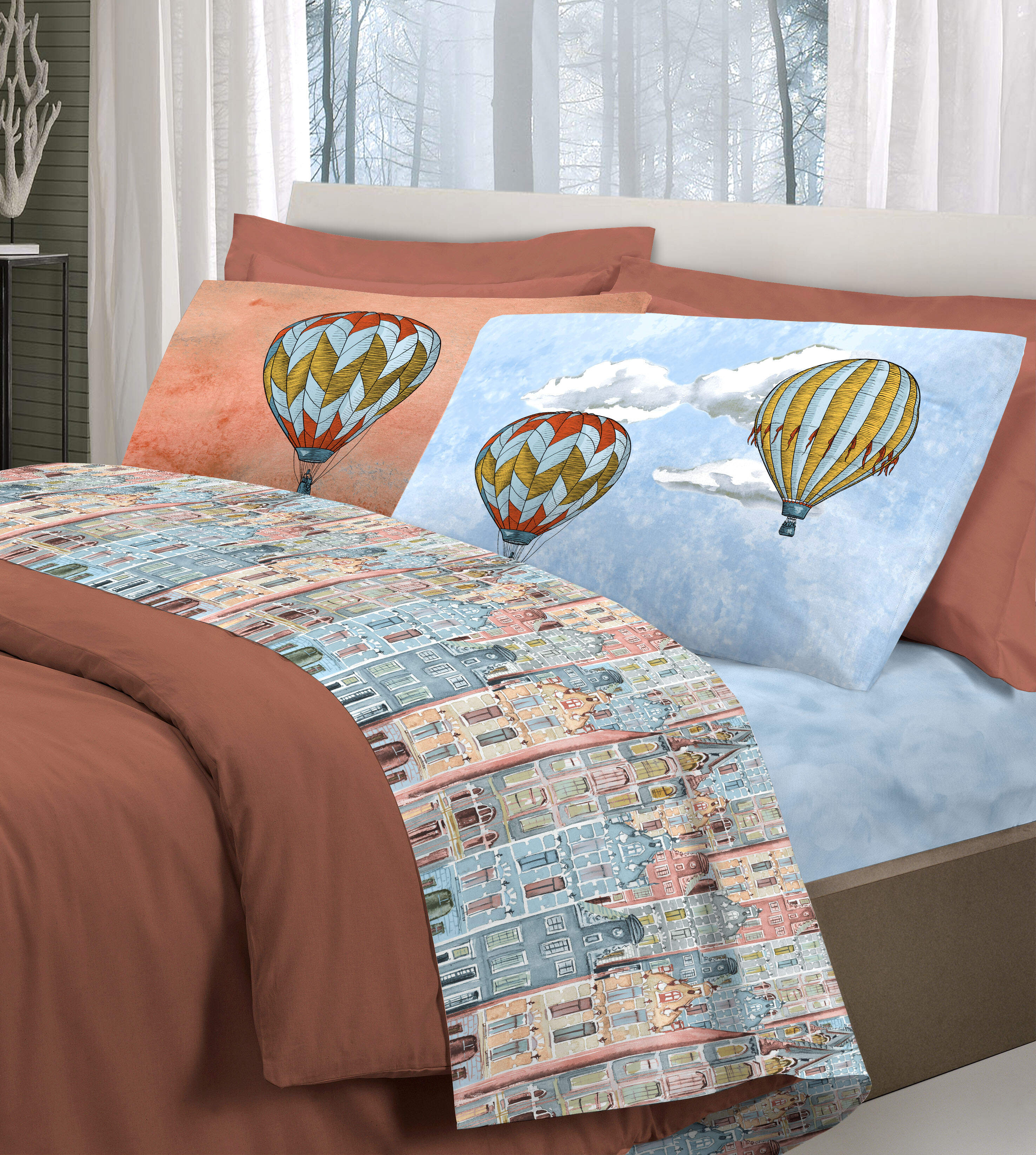 Completo letto lenzuola Volare  (arancio, azzurro, beige)