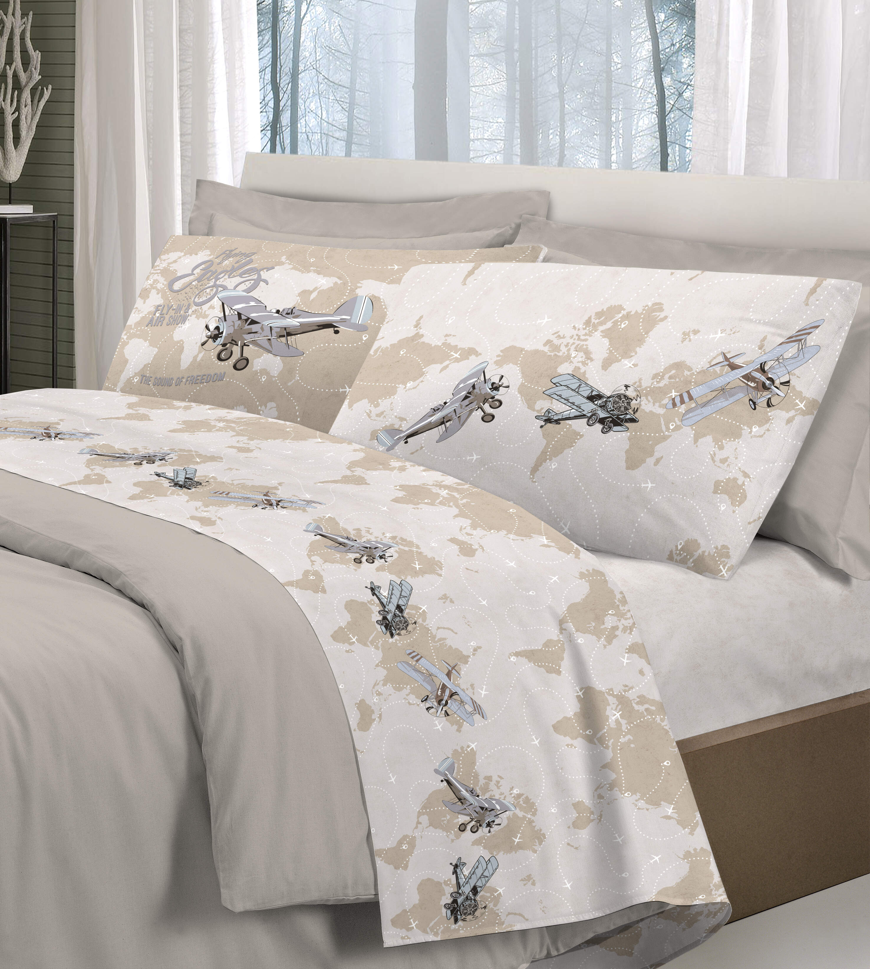 Completo letto lenzuola Aerei (multicolor, grigio, beige)