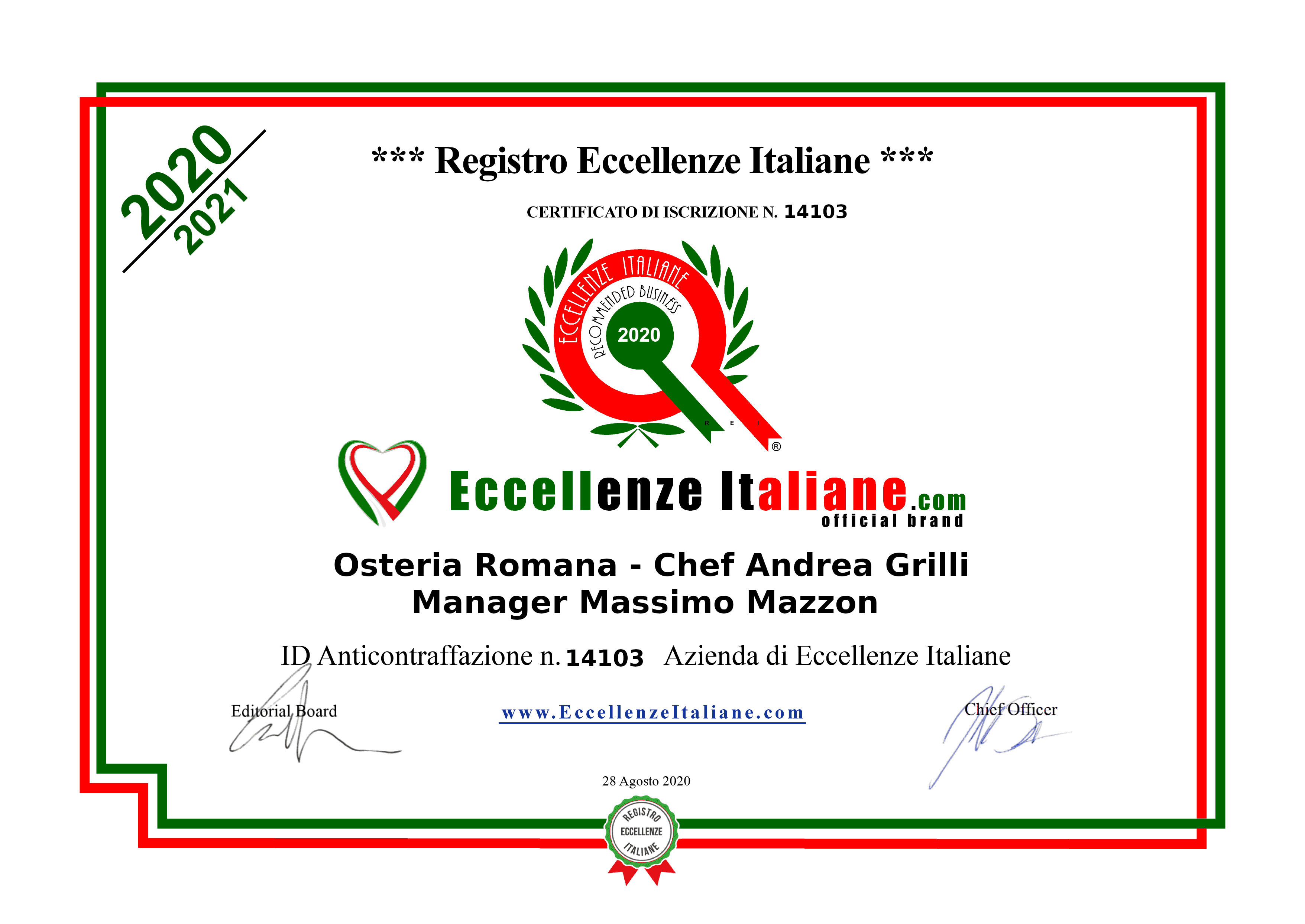 Osteria Romana 1945 Registro Eccellenze Italiane 2021