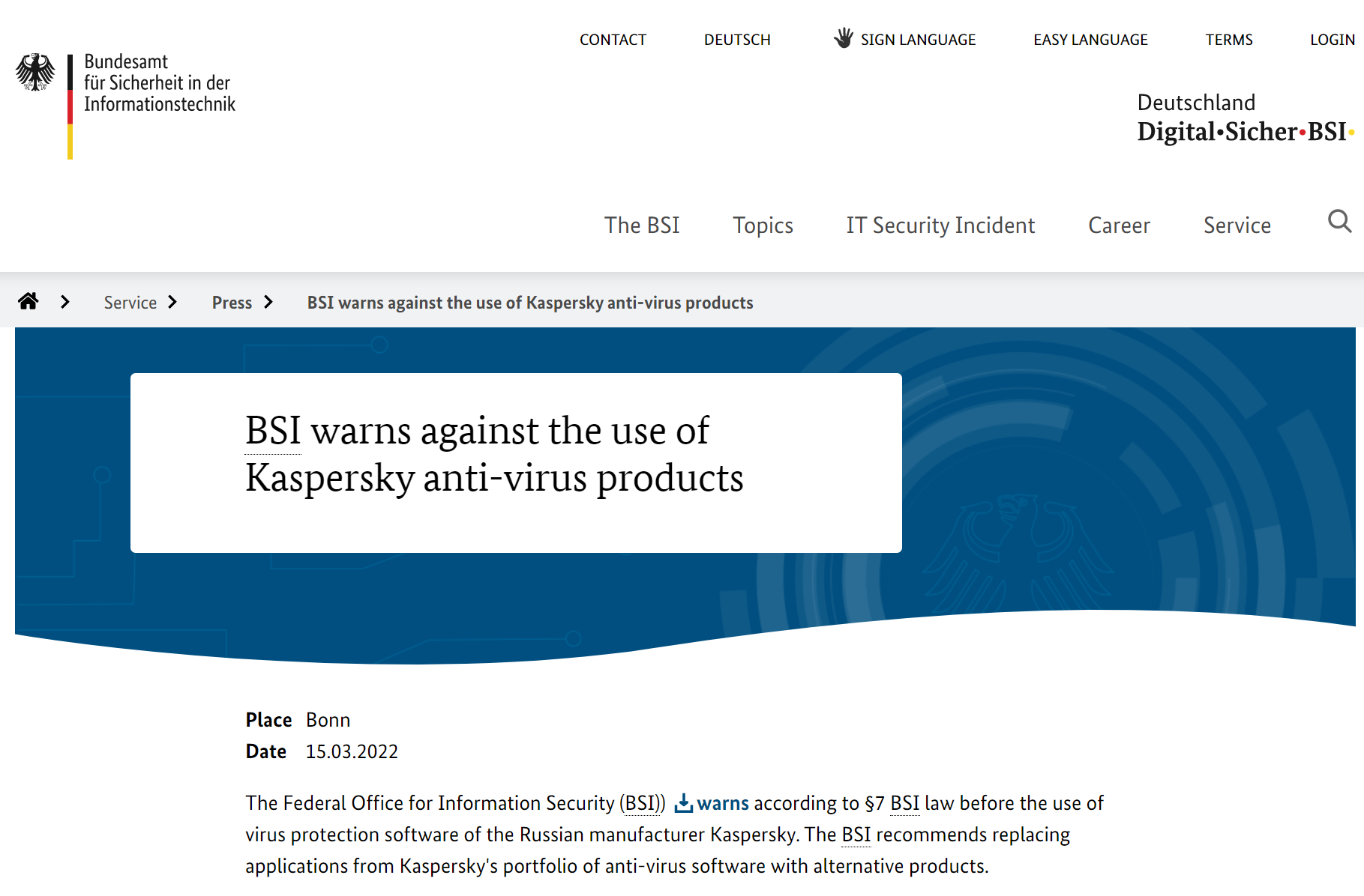 The German BSI federal cybersecurity agency suggests to uninstall Kaspersky antivirus
