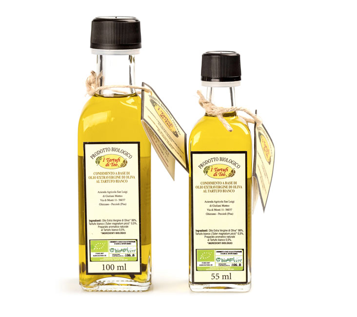 Olio extravergine di oliva e tartufo bianco essiccato a fette