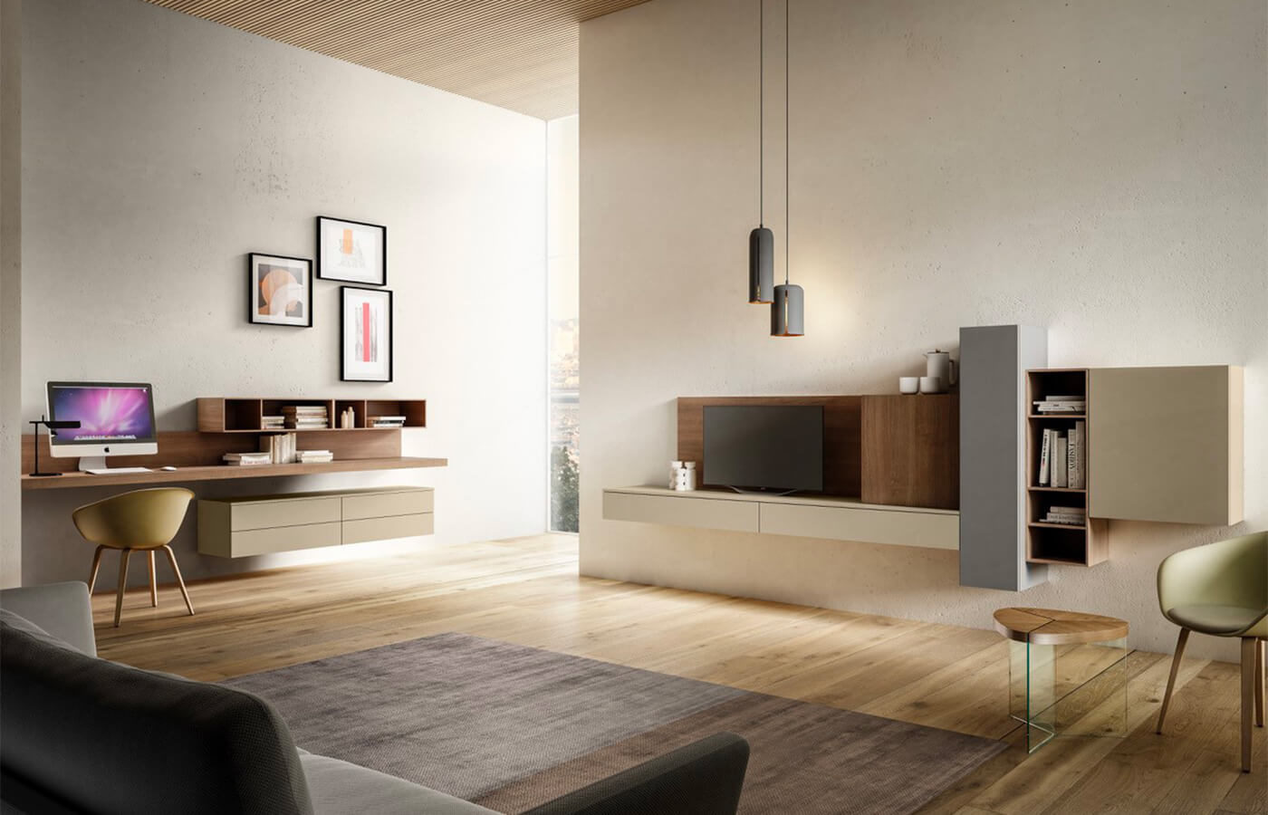 Composizione Living Moderna, con Aggiunta di Zona Studio. Ottimo per lo Smart Working.