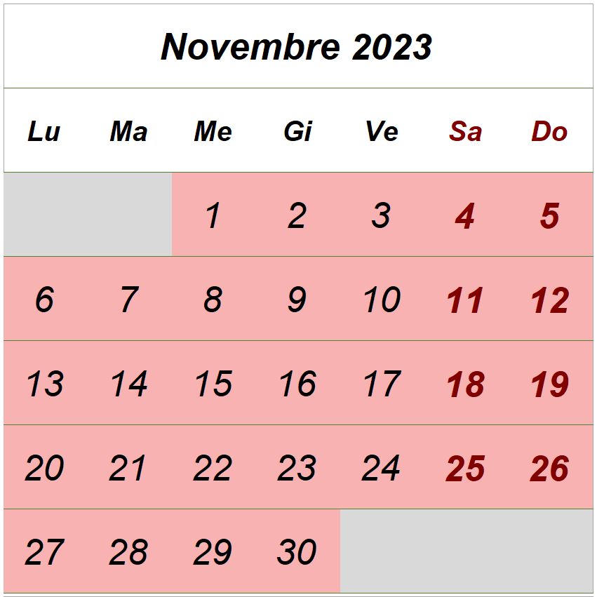 Orari di apertura Novembre 2024