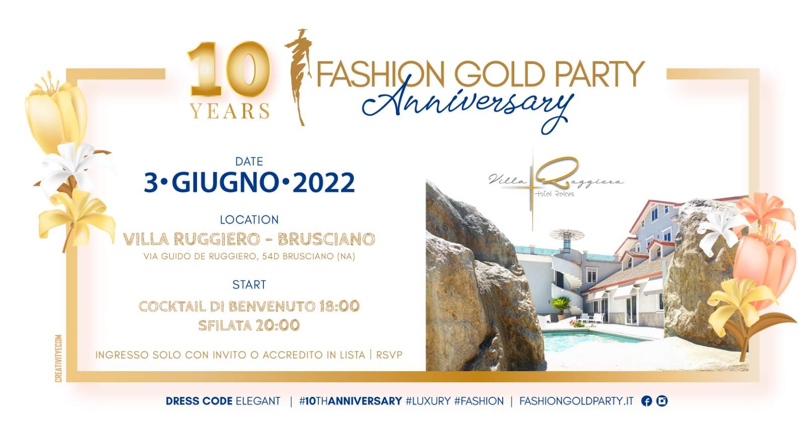 FASHION GOLD PARTY 10TH ANNIVERSARY VILLA RUGGIERO OSPITA L’EVENTO IL 3 GIUGNO 2022 