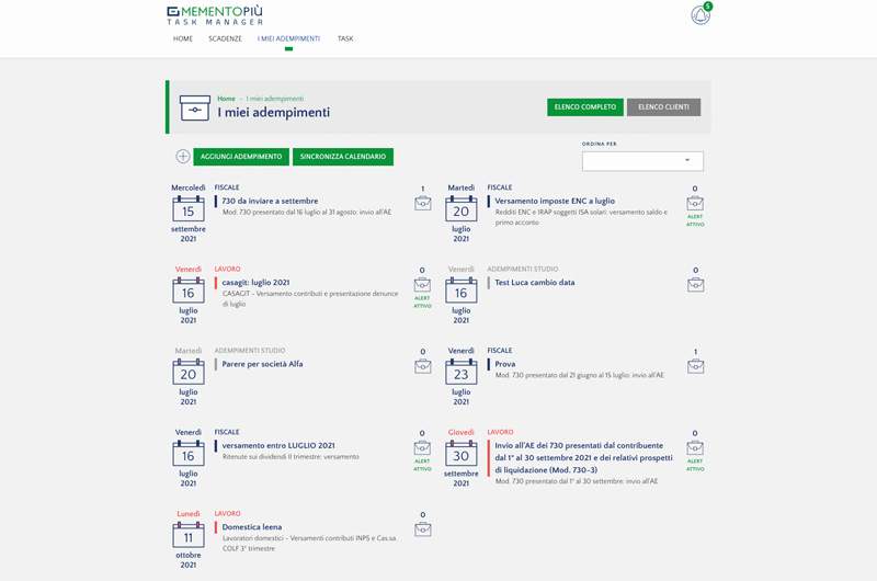 Hai sempre la visione completa di tutte le scadenze e del loro grado di completamento per singolo cl