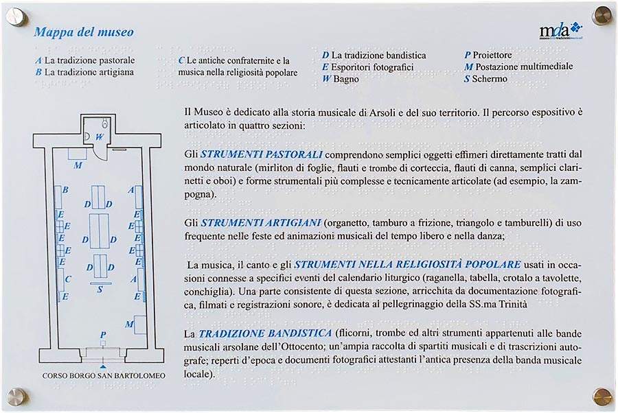 mappa tattile in quadricromia e Braille. Museo Tradizioni musicali comune di Arsoli