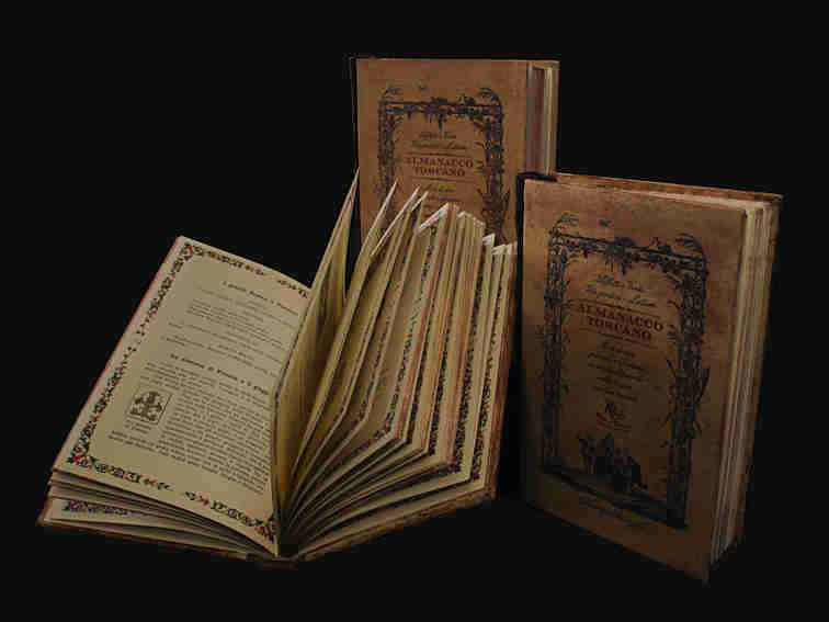 Vista in diagonale dove si vede la costola e le pagine aperte del libro Almanacco Tosano