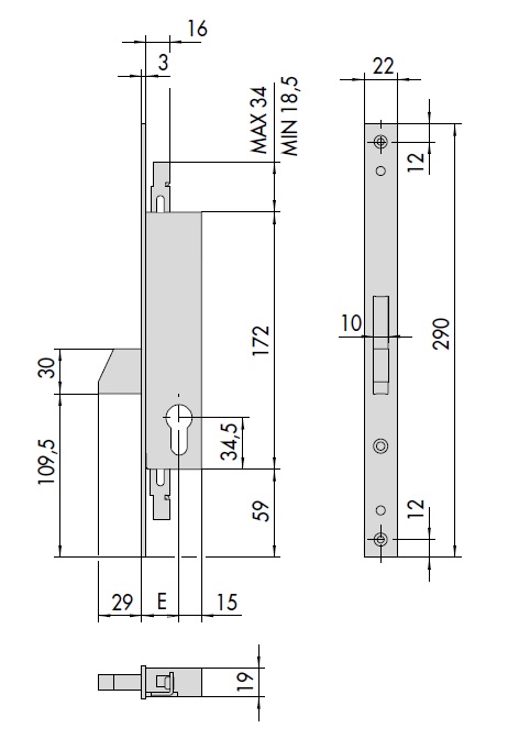 CISA 46220 - Serratura CISA da infilare TRIPLICE a cilindro sagomato per montanti