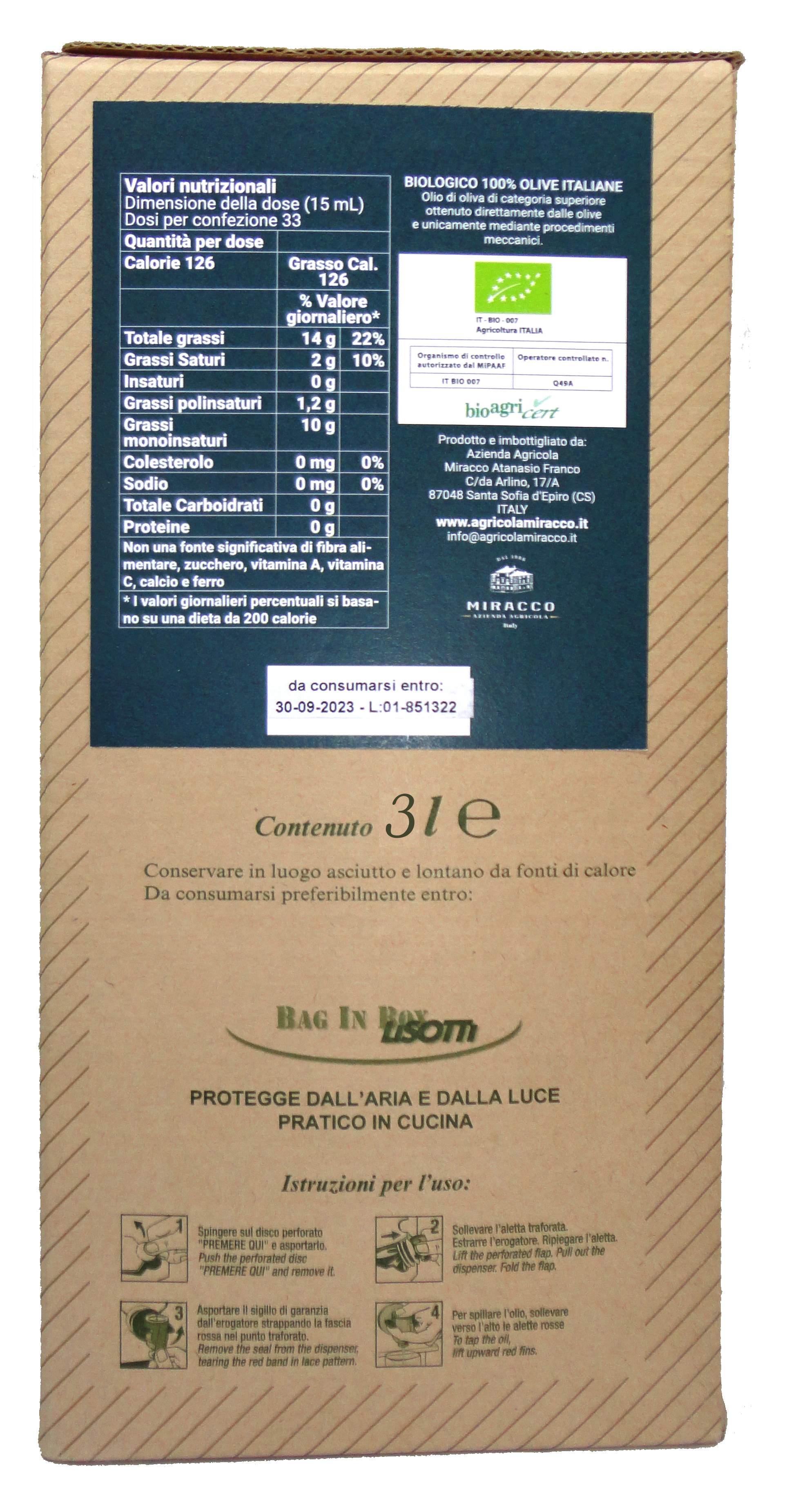 Bag in Box "I Fiscoli" 3 Lt. Olio Extravergine di Oliva Biologico 100% Italiano