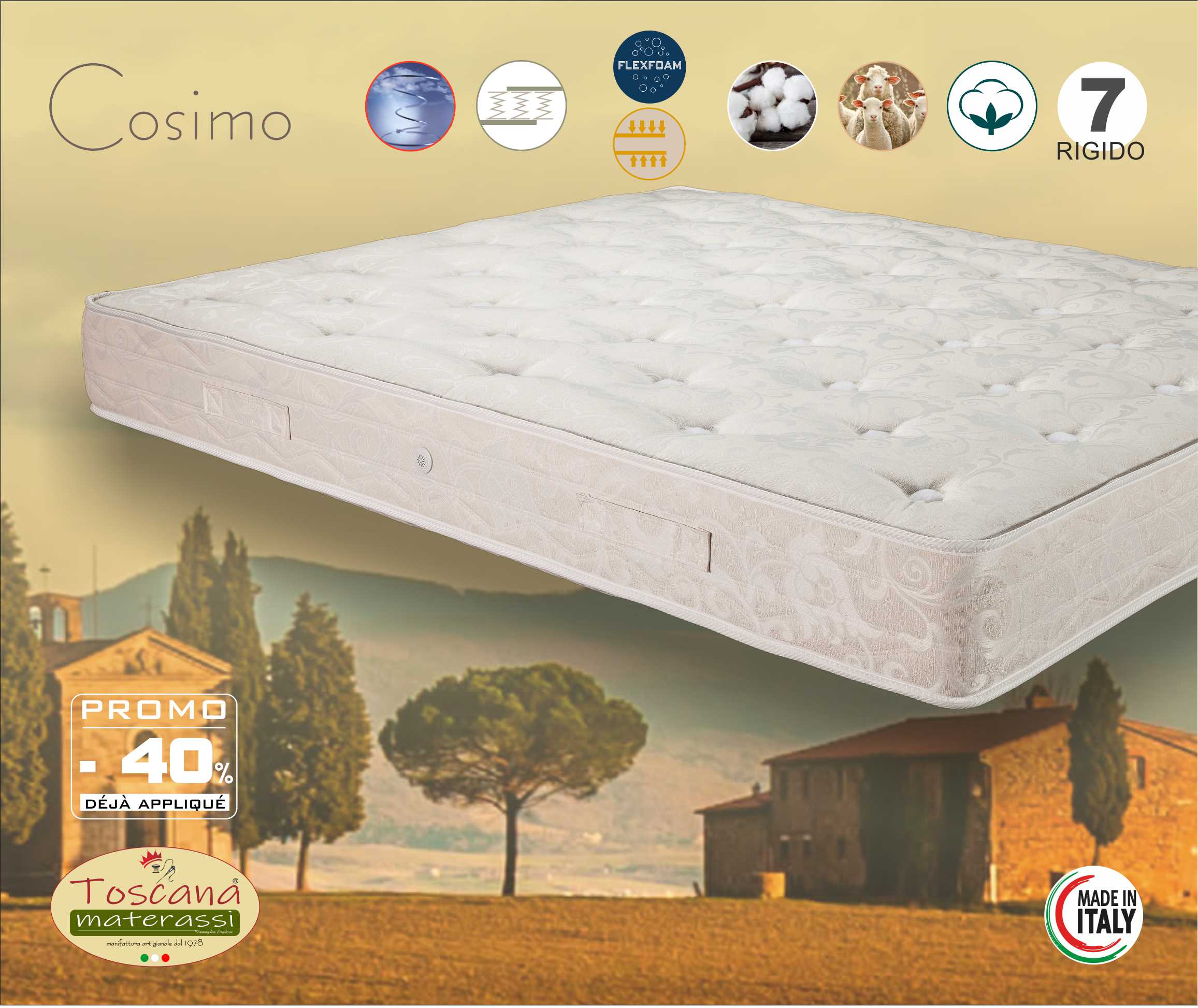 Matelas COSIMO h. 20 - ressorts Bonnel Comfort 320 en laine italiens et coton