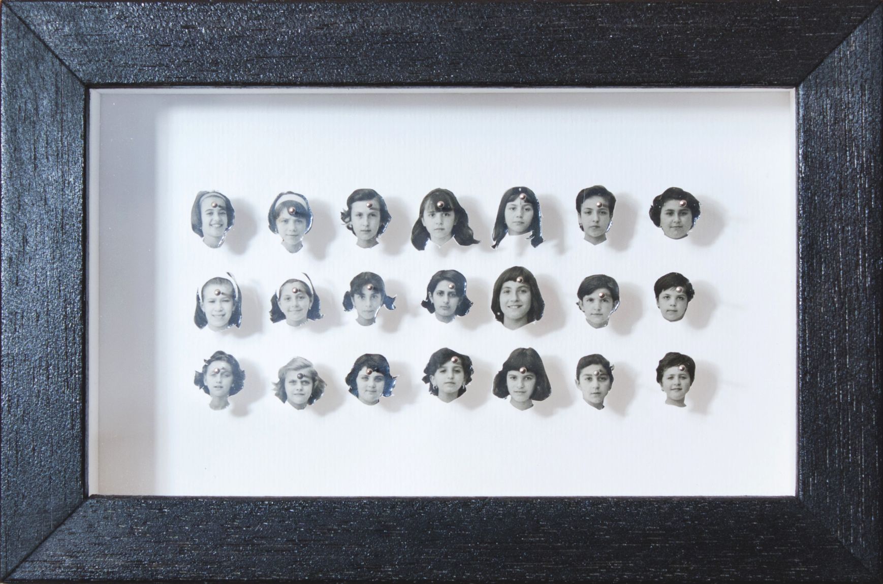 2013, vintage photos, pins, in wooden box frame, 13 x 19,5 x 5,5 cm