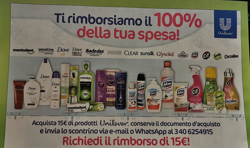 Spendi 15€ Di Prodotti Unilever e Ricevi il Rimborso del 100% “Ti rimborsiamo il 100% della tua spesa!”