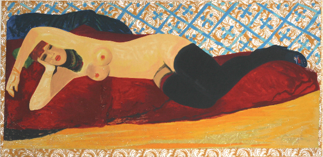 FIUME SALVATORE - ragazza sdraiata - serigrafia su broccato oro 70x150