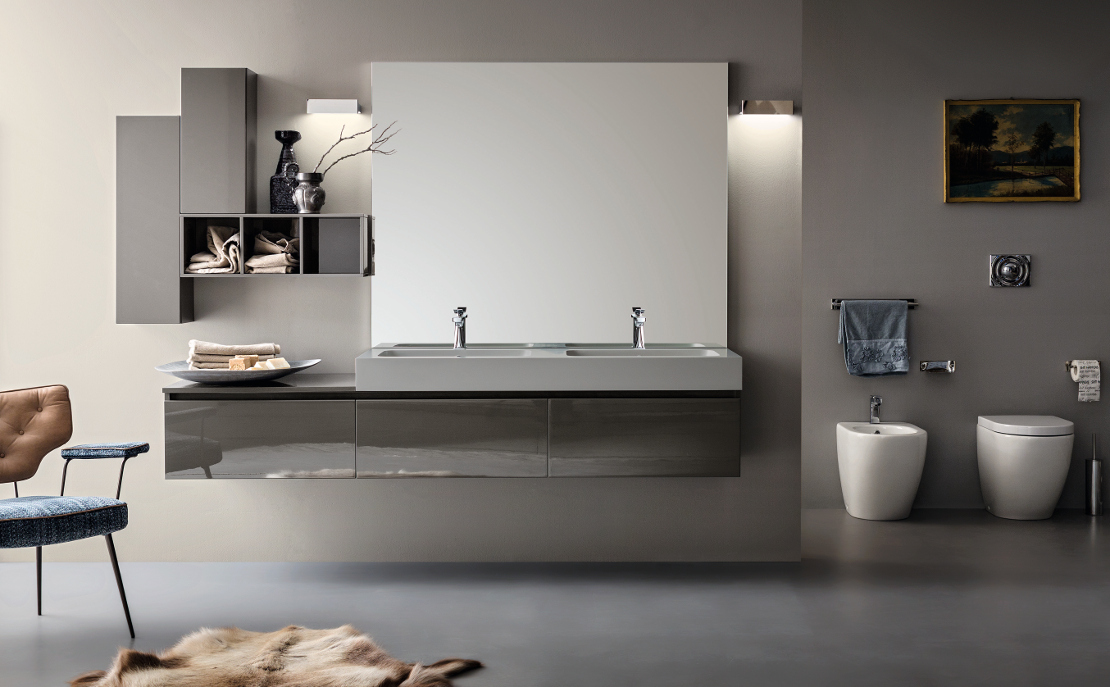 bagno moderno design minimal senza maniglie - con doppia vasca - colore grigio scuro laccato lucido