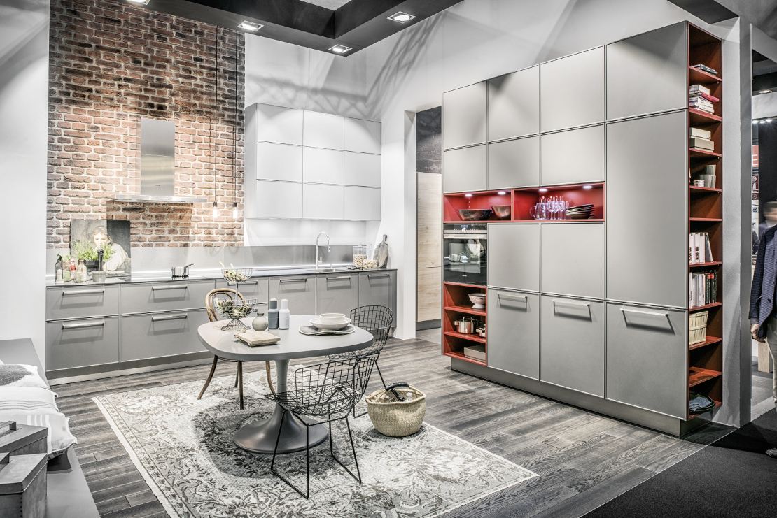 cucina moderna - con parete attrezzata - colore grigio quarzo laccato - acciaio