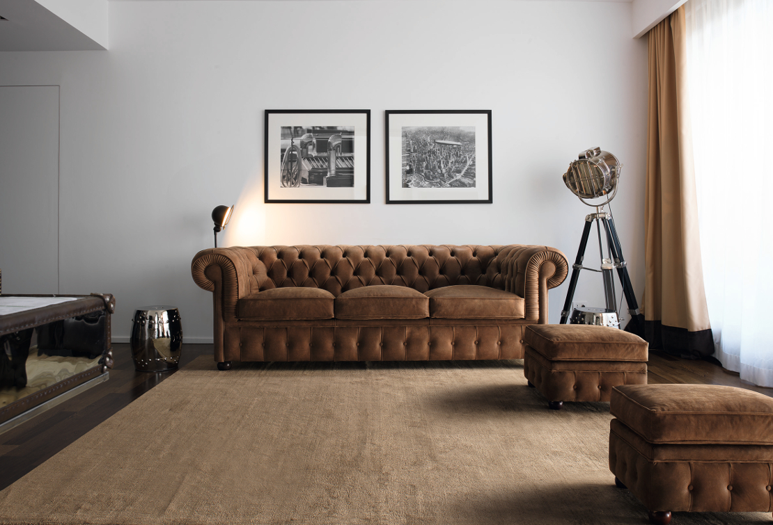 divano-letto moderno - capitonné - colore marrone - sfoderabile - con pouf