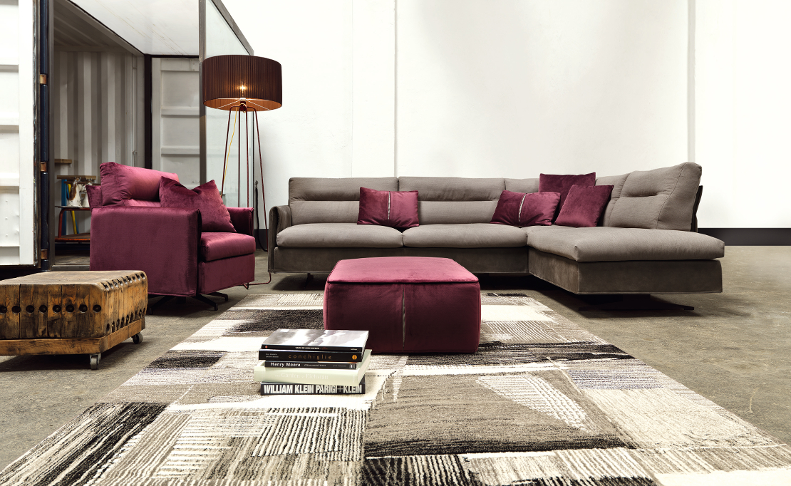 divano moderno - in tessuto sfoderabile - con poltrona girevole e penisola