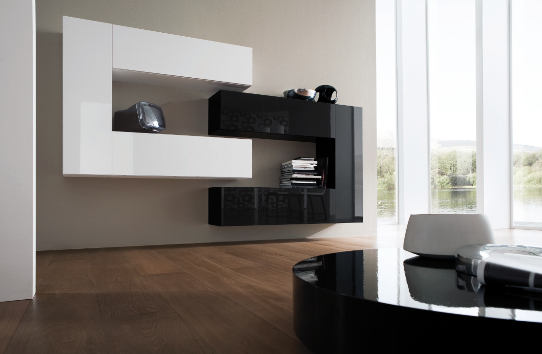 soggiorno moderno bicolore bianco e nero - con elementi sospesi laccato lucido