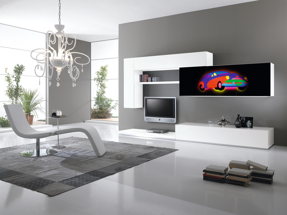 soggiorno moderno bicolore bianco e nero - con elementi sospesi