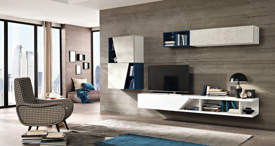 soggiorno moderno design minimale - frassino bianco cemento e blu oceano laccato con pensili