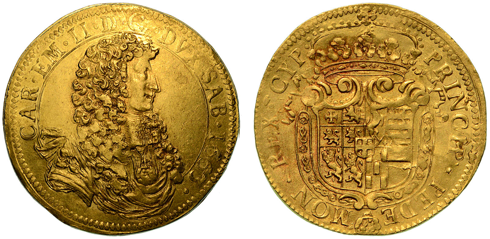 CARLO EMANUELE II (1648-1675). L'Adriano del Piemonte.  Da 10 scudi d'oro 1663 (IV tipo). SPL