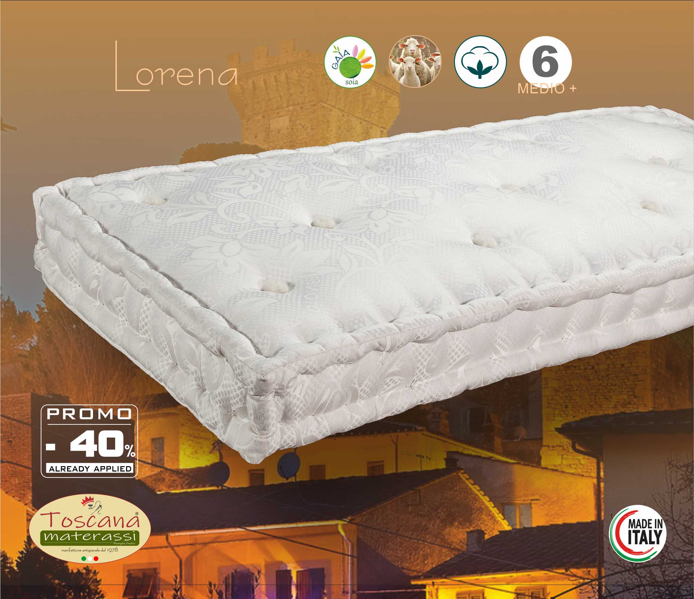 LORENA mattress h. 16 - support in Gaia soy + pure Italian wool, cotton fabric, manual processing