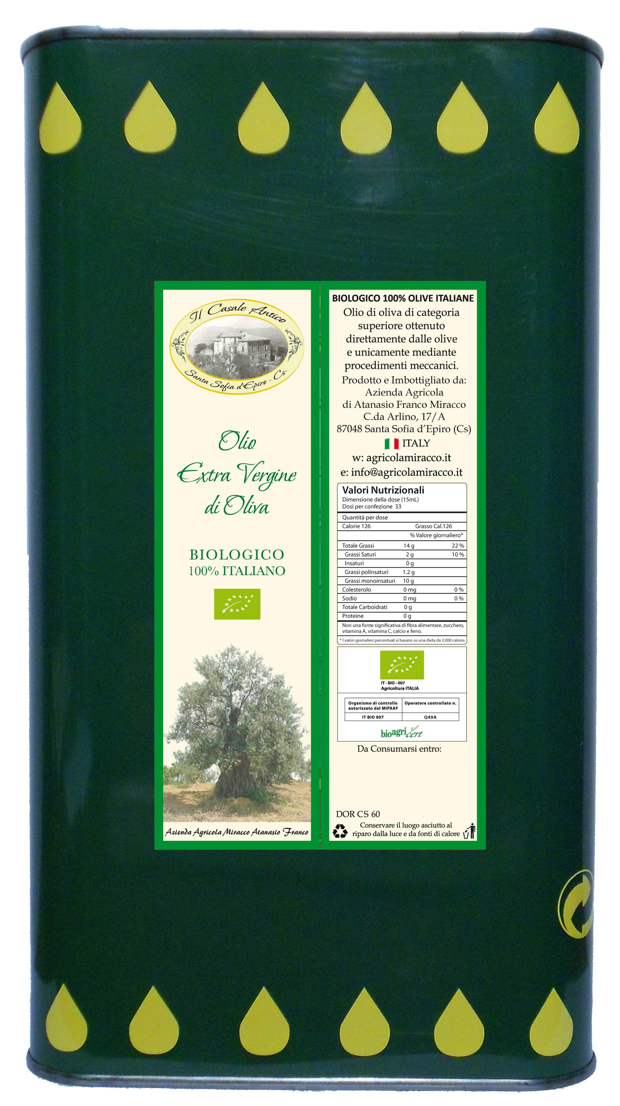 Olio Extravergine di Oliva Biologico 100% Italiano 1 latta da 3 Lt