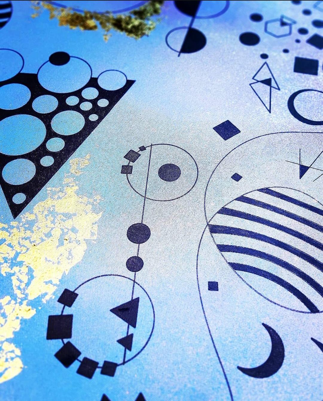 Abstract painting candy details, marker, acrylic spray and golden sheet on canvas.