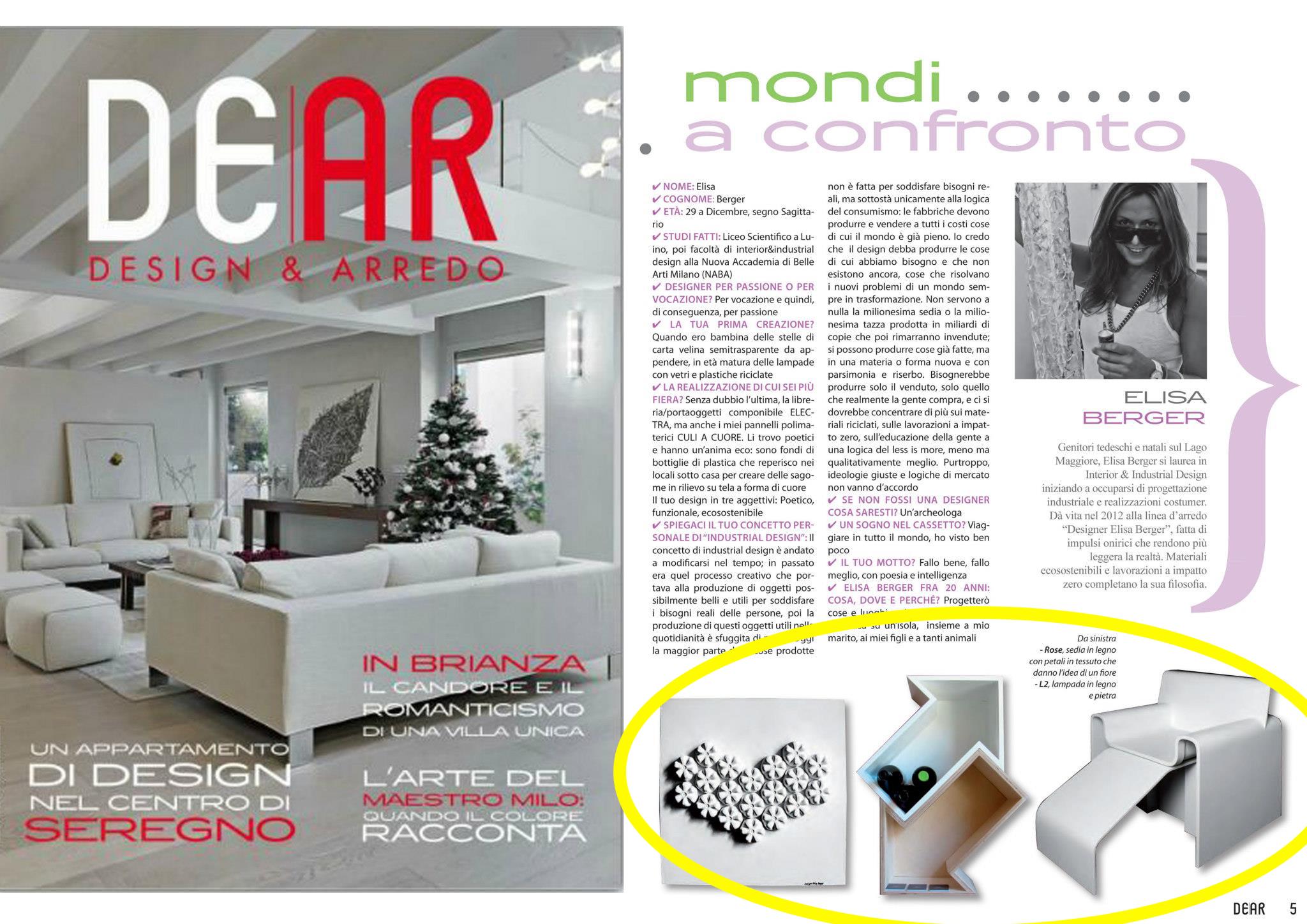 Dear Design e Arredo.Articolo Elisa Berger Design, Intervista alla Designer Elisa Berger,Dear Magazine Design e Arredamento,Milano,Lugano