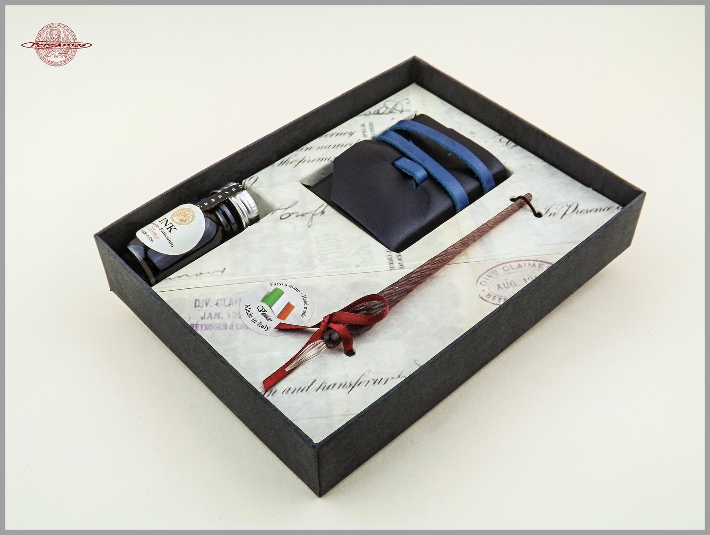 GLASS PEN AND LEATHER BOOK SET