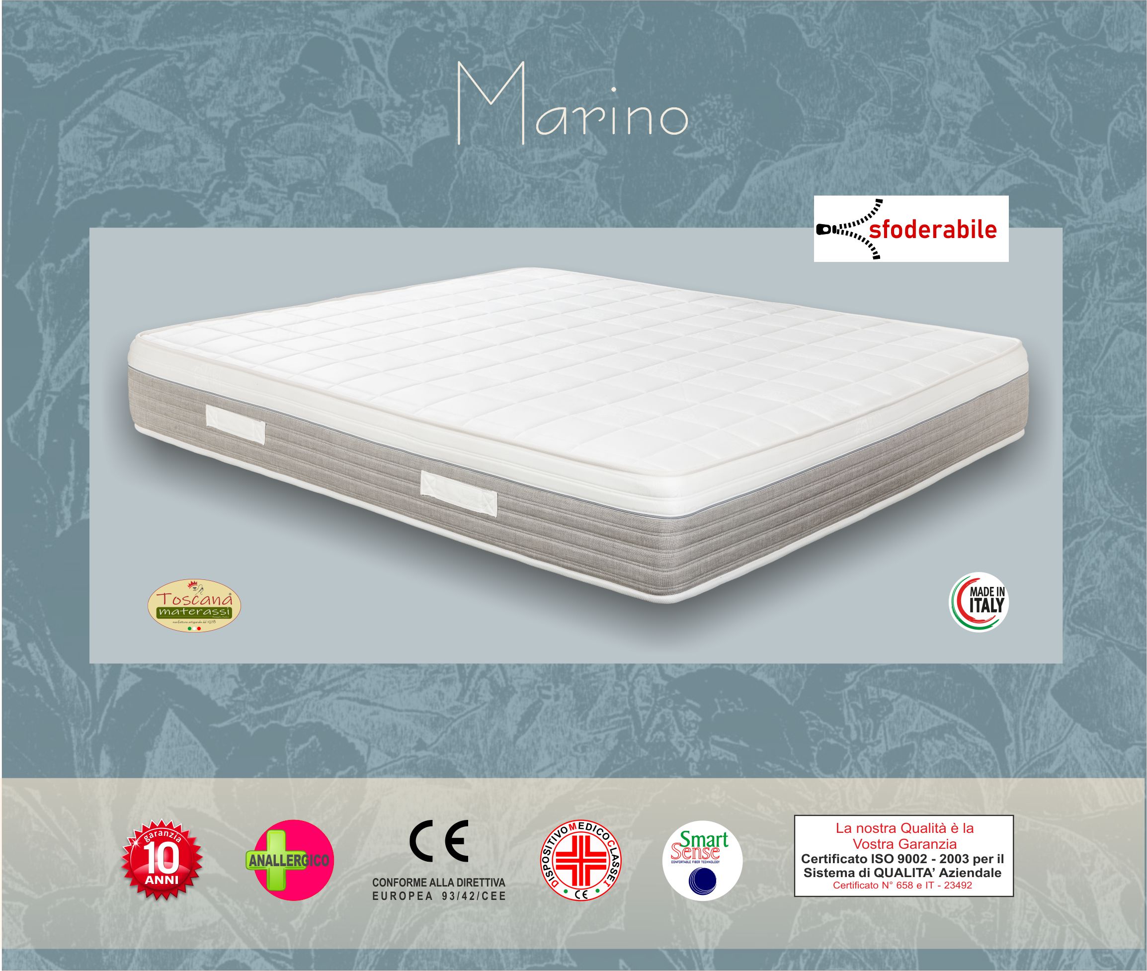 Matelas MARINO h. 22 - ressorts indépendants 1600 - système hypoallergénique, amovible et lavable