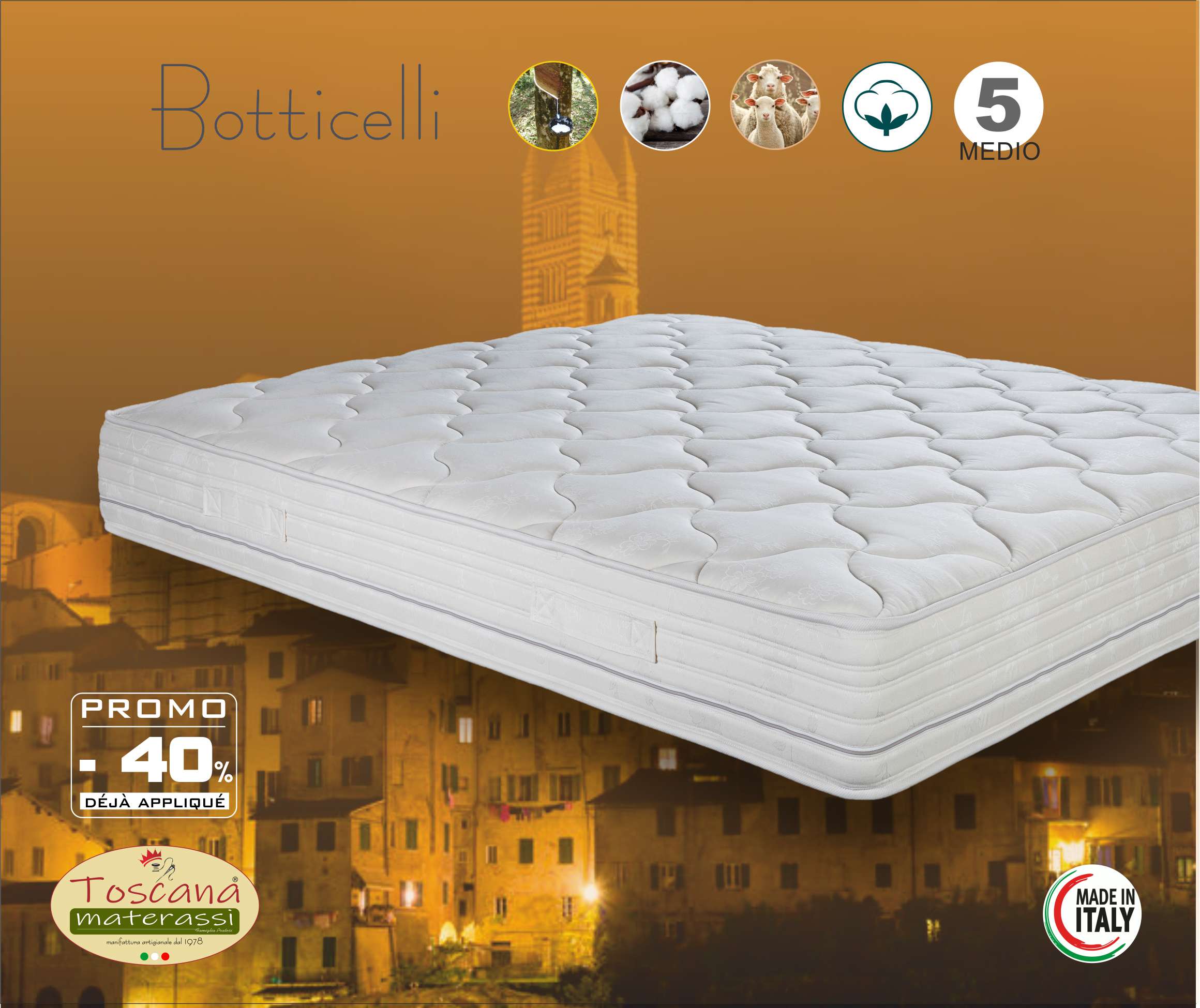 Matelas BOTTICELLI h. 20 - VivoLat Naturally latex, laine italiens et coton, housse amovible