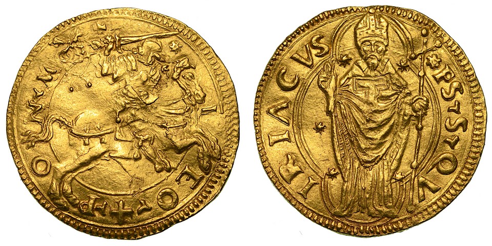 LEONE X (Giovanni de' Medici) 1513-1521. Doppio ducato papale. Ancona.  BB
