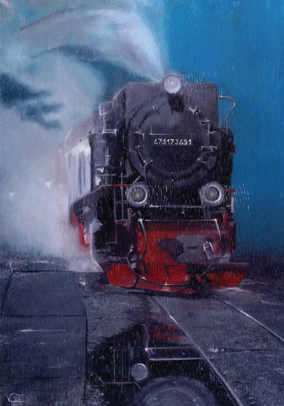 Vincenzo Costanzi - Train in the rain - olio su tela - cm 50x70