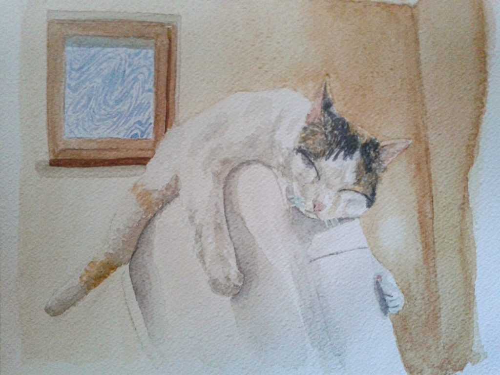 waterpaint of a cat sleeping on a seat