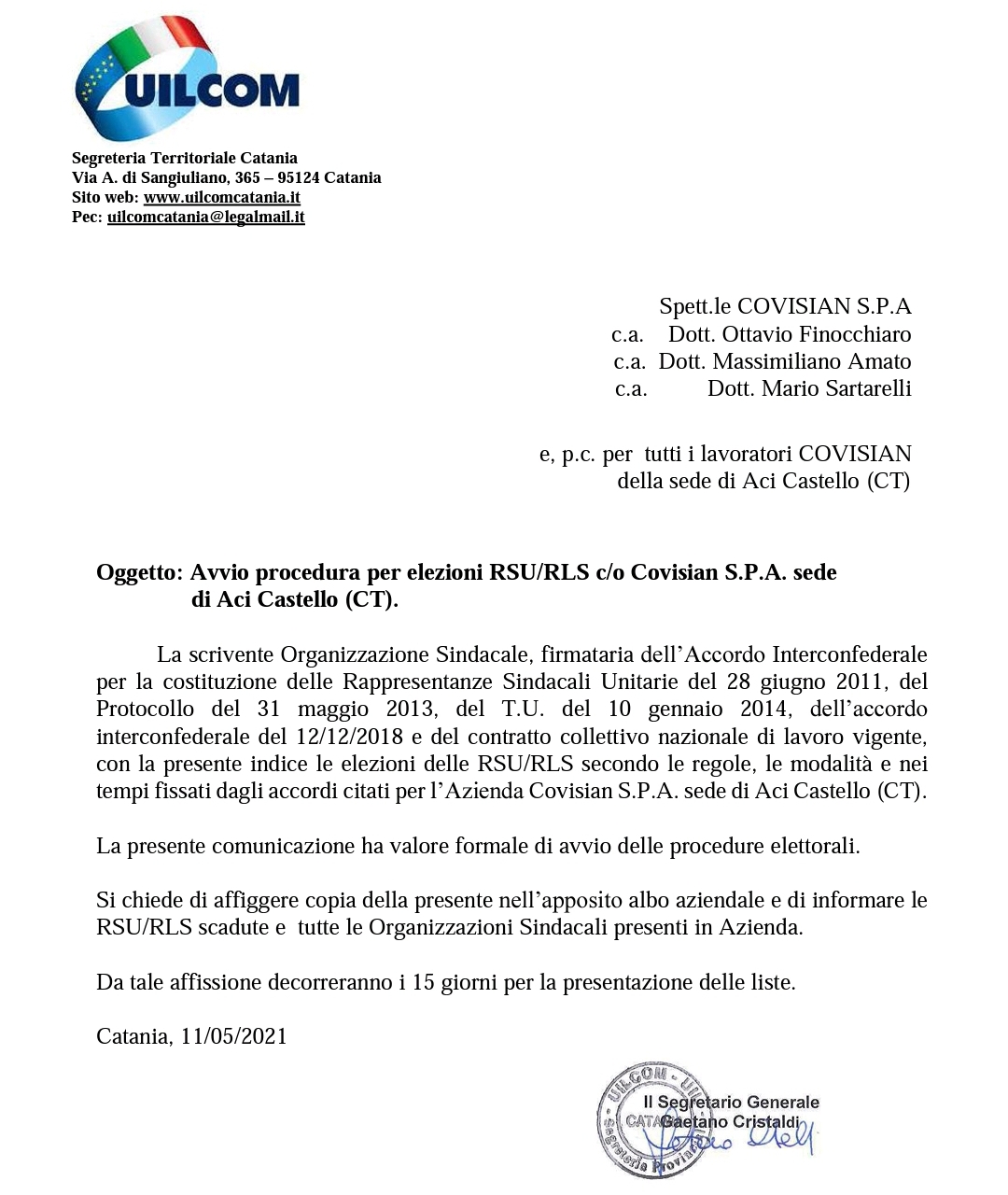 Apertura procedure per le elezioni RSU/RLS Covisian Catania