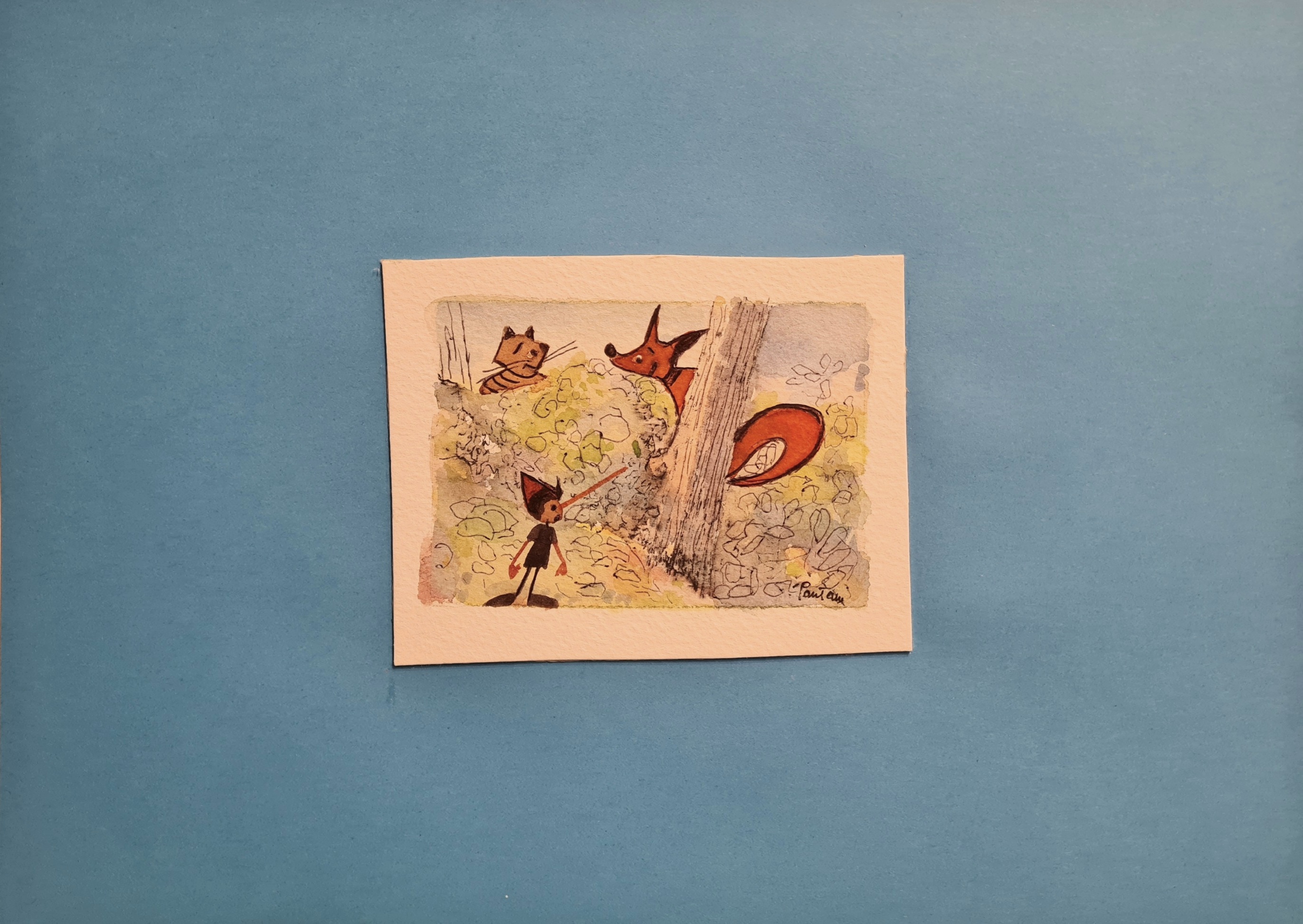 Acquerello originale Pinocchio il gatto e la volpe