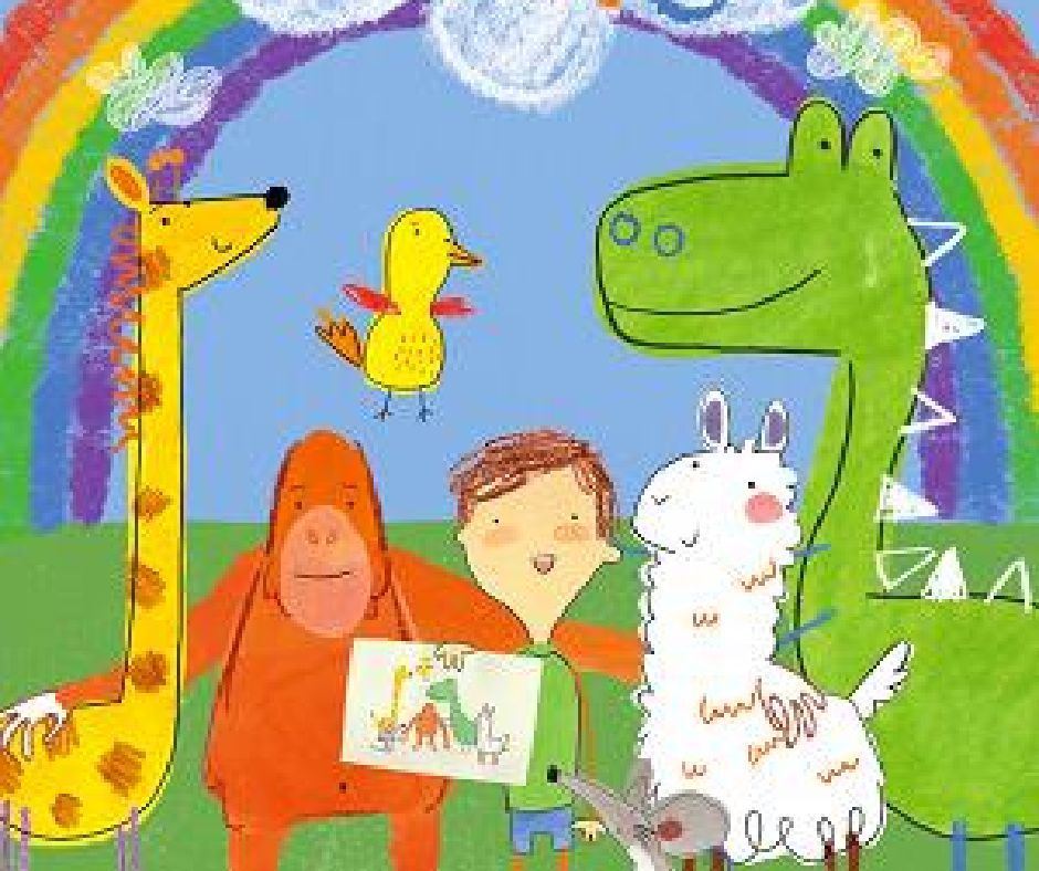 Un bambino con i suoi disegni e i suoi amici animali, cartoon