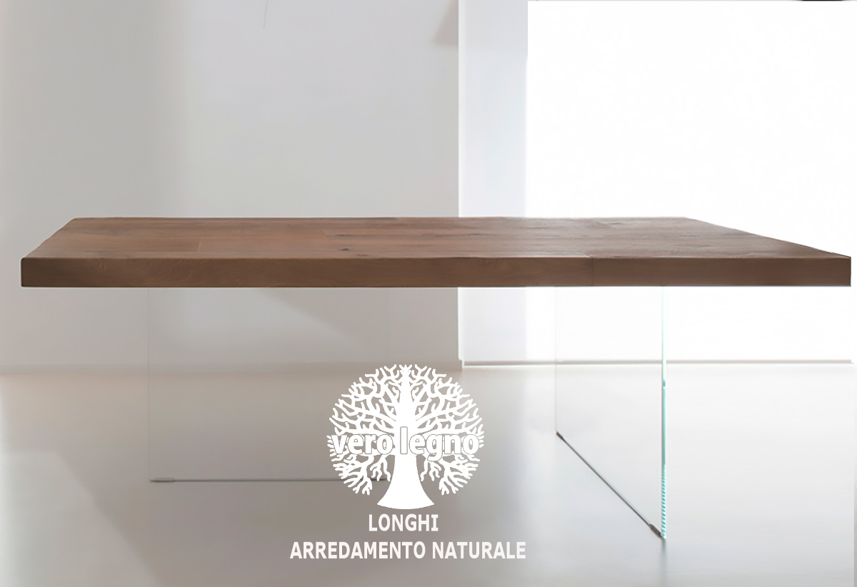 piano tavolo in legno massello sospeso allungabile con basi lastre vetro trasparente