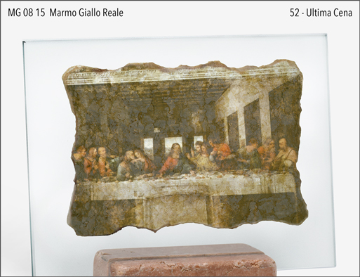 MG 08 15 - 263 Leonardo Marmo Giallo Reale formella cm 10x15x1,2 su cristallo e base in marmo